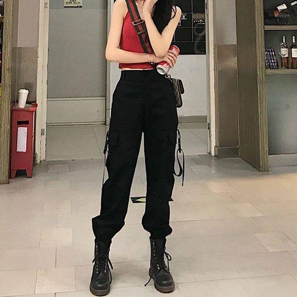 

women's pants & capris 2021 ins cargo women loose pants, korean preppy style harun legged sports casual hip hop high waisted trousers1, Black;white