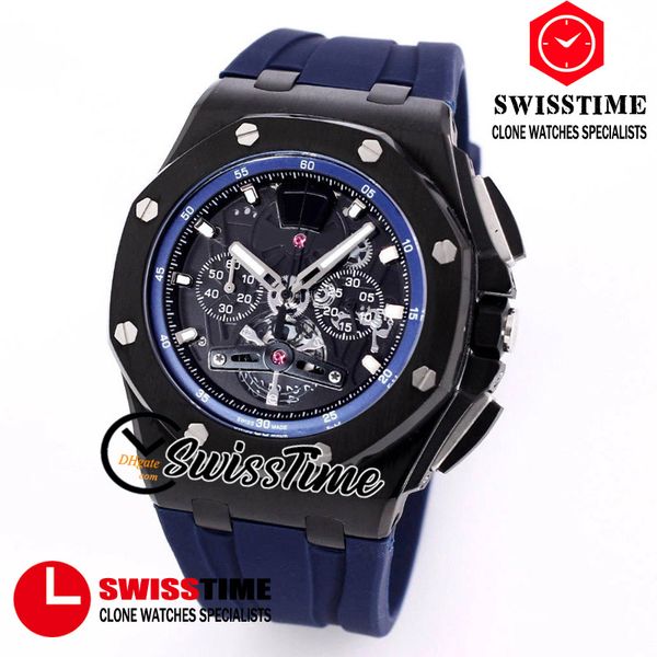 26407 Cronografo al quarzo giapponese Orologio da uomo Quadrante scheletrato Cronometro Cassa in acciaio PVD nero Cinturino in caucciù blu Orologi di lusso 2022 SwissTime