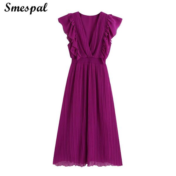 

women elegant deep v neck frill details defined waist midi party dress in purple | dresses is customizable, Black;gray