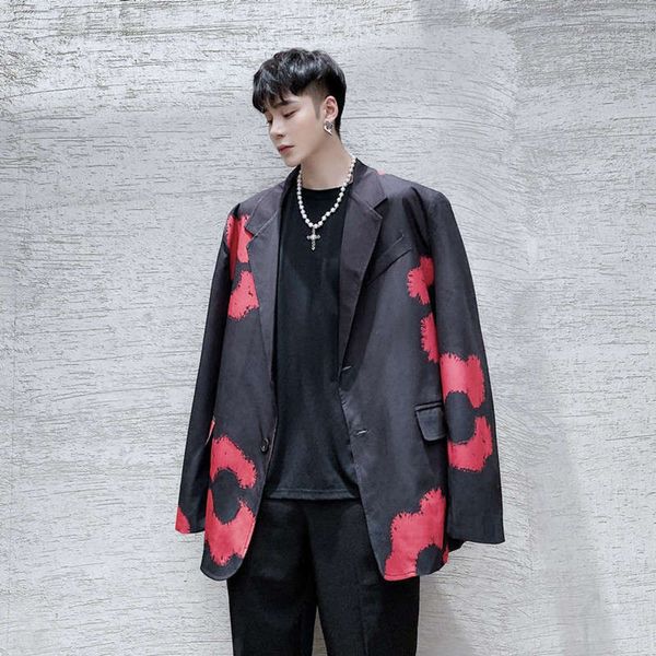 

men's graffiti trend handsome autumn red loose suit coat personality wide top, White;black