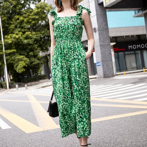

floral imprint female summer 2021 casual tie ruched tights high-waist loose legs green overalls zkyh, Black;white