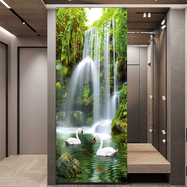 

swan lake waterfall landscape paste bedroom bathroom door self adhive removable pvc home decoration