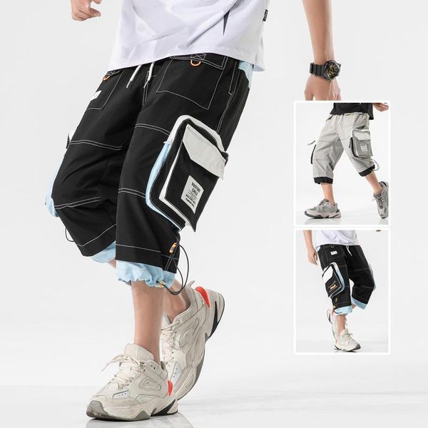 

2020 summer hip hop color patchwork fashion poclets shorts men knee length ribbons cargo sweat shorts fitness short joggers men1, White;black