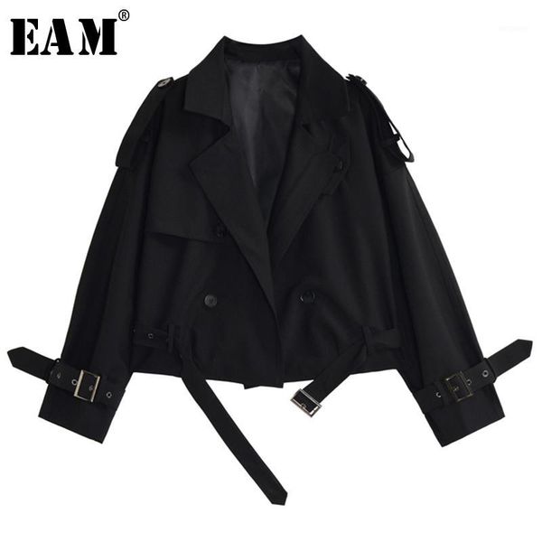 

eam] loose fit black brief stitch bandage short jacket new lapel long sleeve women coat fashion tide spring autumn 2020 1y3971, Black;brown