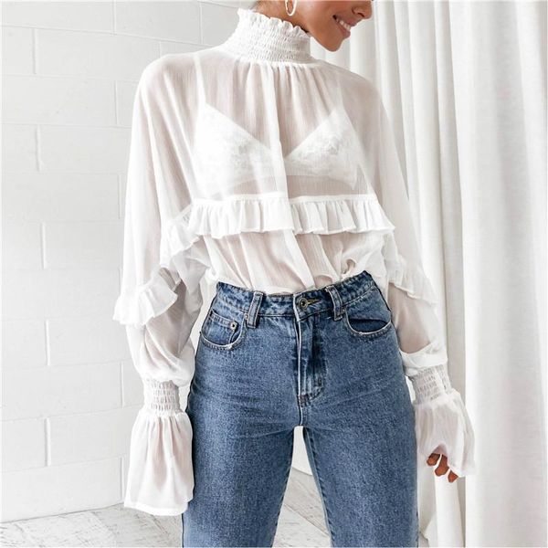

women chiffon solid elegant ruffles blouse casual long sleeve streetwear loose see-through 2021 new fashion, White