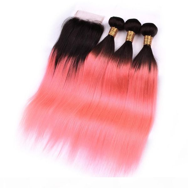 

# 1b розовый ombre straight перуанский волос 3bundles и закрытие 4шт лот ombre rose gold virgin человеческих волос плетение утки с 4x4 lace, Black;brown