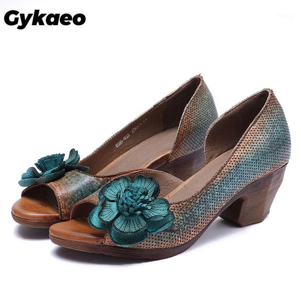 

sandals gykaeo 2021 summer high heels shoes woman genuine leather slip-on retro flower sewing leisure ladies sandalias mujer1, Black