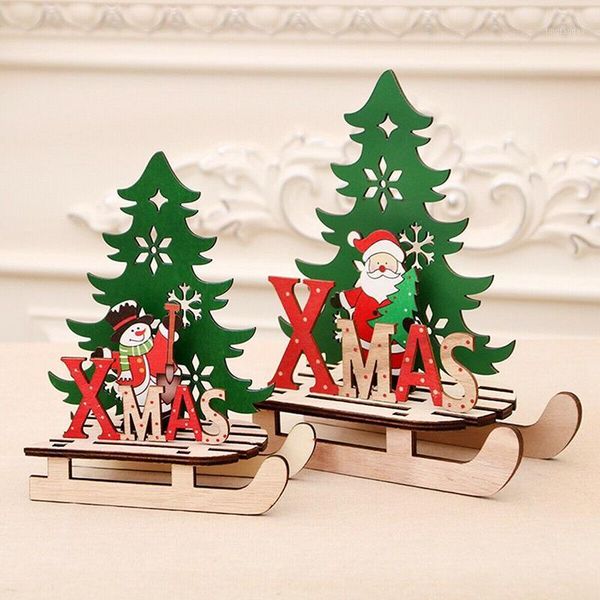 

christmas decorations desknatural wood sled, santa claus and xmas tree crafts set ornaments holiday party decoration1