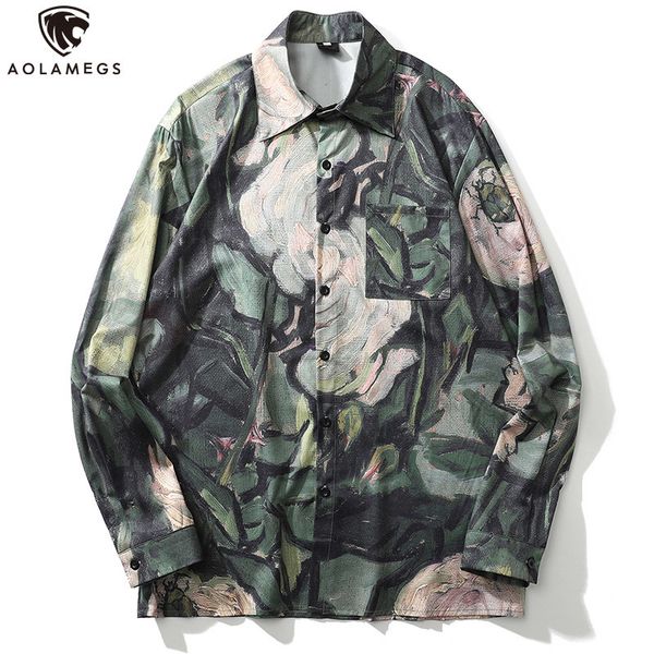 

aolamegs men shirt watercolor plant painting print full sleeve shirts men harajuku vintage cozy advanced streetwear autumn c1211, White;black