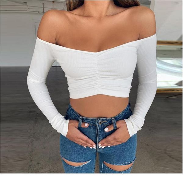 

women t-shirts and club fashion female t-shirt long sleeve off shoulder solid color lady tshirt autumn ba bbysyu, White