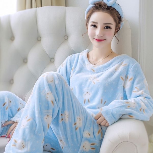 2 pcs pijamas set Mulheres Coral Fleece Sleepwear Flannel Nightwear Inverno Quente Espesso Casa Roupas Blue Print Intimate Lingerie 210203
