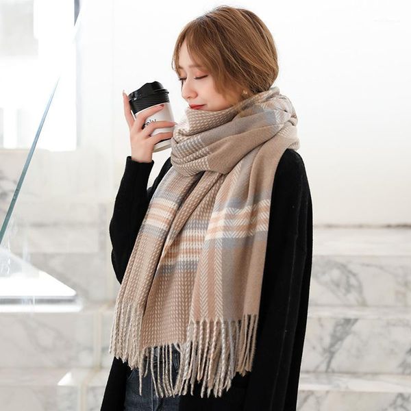 

scarves autumn and winter fashion imitation cashmere plaid scarf female tassels draped comfortable shawl to keep warm long bib1, Blue;gray