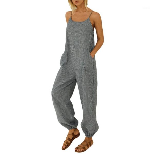 

fashion women striped jumpsuits and romper pocket design summer overall strap sleeveless casual loose jumpsuit1, Black;white