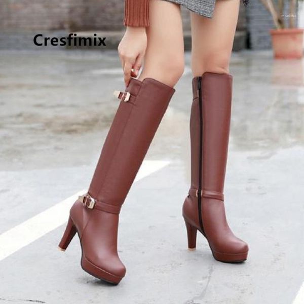 

boots cresfimix damskie buty women casual brown high heel lady fashion sweet pu leather long plus size white c60251, Black