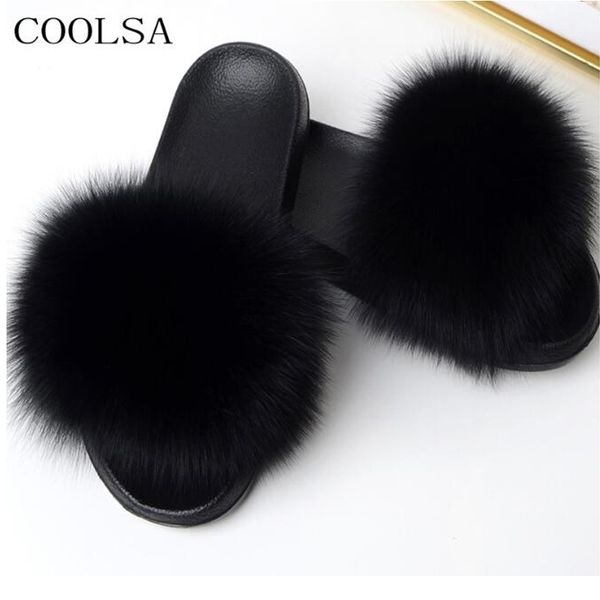 

coolsa women's fox fur indoor flat warm furry slippers outside girls plush sandals women slides flip flops big size 11 y200624, Black