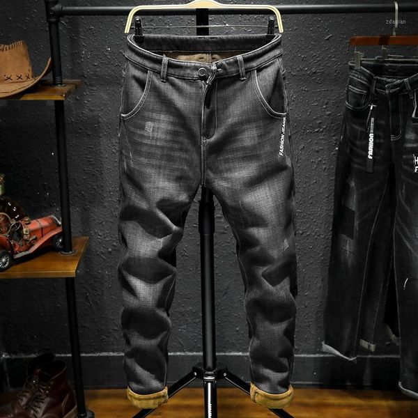 

men's jeans for men winter warm denim long elastic straight thicker fleece smart casual pants 401, Blue