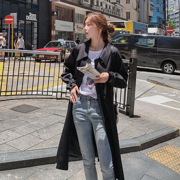 

black long trench coat for women korean style loose wide-waisted plus size casual windbreaker xxxxl 4xl maxi outwear 2020 spring1, Tan;black