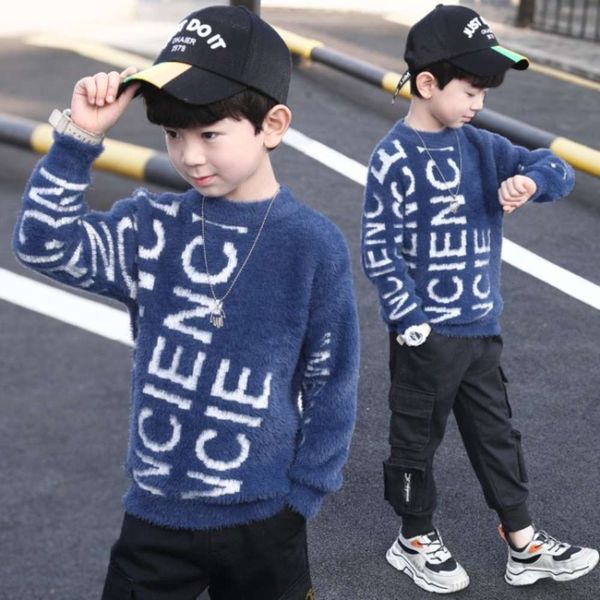 

clothing boys' autumn winter 2020 new zhongda children's mink veet casual pullover warm and thickened sweater plush fashion, Blue