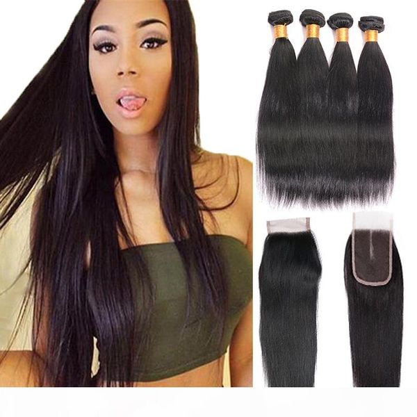 

peruvian straight hair bundles with closure remy human hair natural color 4 bundles with closure brazilian hair weave bundles with closure, Black