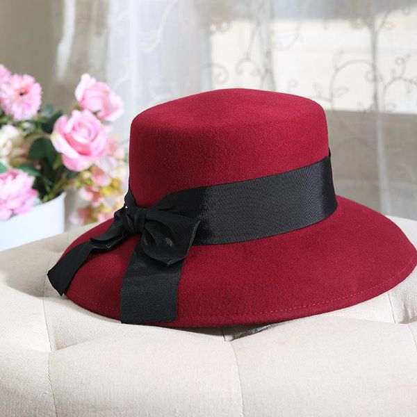

classical wine red felt winter hat warm cloche wool hat bowknot floppy brim wedding fedora ladies dress hats, Blue;gray