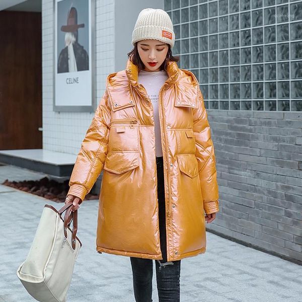 

women medium long hooded parka female warm office lady winter jacket new glossy parka coat fashion1, Black
