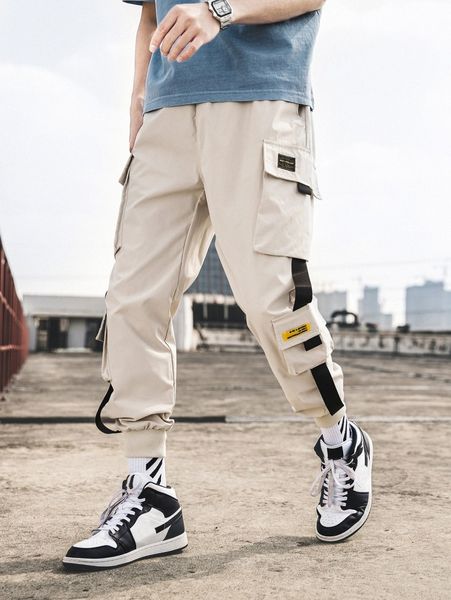 

romwe guys patched pocket buckle detail cargo pants j0xo#, Black