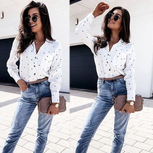 

new new style fashion women polka dot blouse long-sleeved shirt casual loose v neck blouse, White