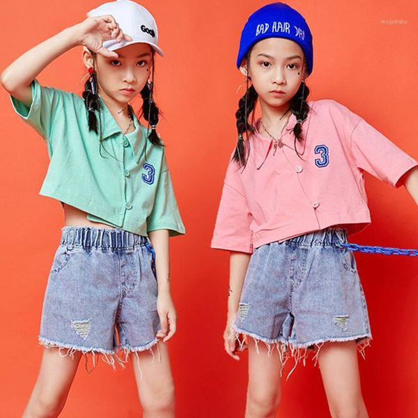 

girls jazz dance costumes hip hop clothing short sleeve shirt denim shorts children modern outfit kids stage show wear dn62691, Black;red