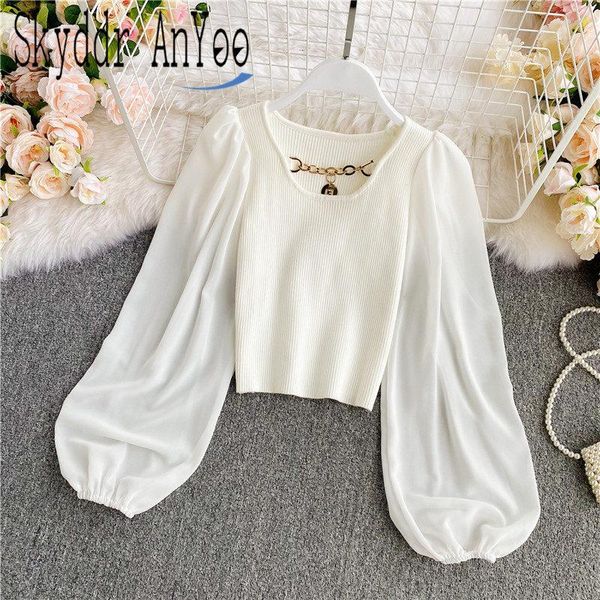 

2021 women autumn puff long sleeve elegant blouse patchwork knitted vintage white shirt slim short korean style blusas mujer