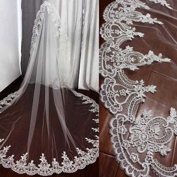 

long wedding veil with lace cathedral bridal veil with comb one layer 3 meters white ivory veil wedding accessories, Black