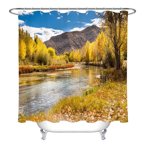 

lb mountain & tree & river shower curtain bathroom fall & autumn nature landscape waterproof polyester fabric for bathtub decor