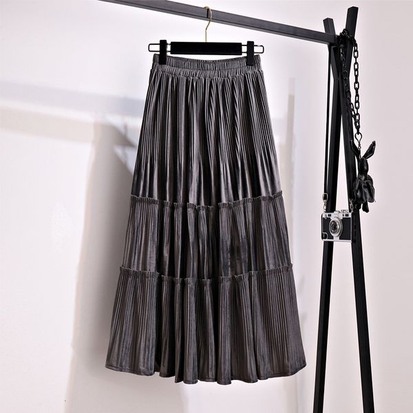 

2021 new golden velvet women sweet cake layered long midi vintage tiered tulle pleated a line skirt ynvk, Black