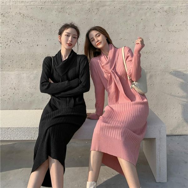 

casual dresses autumn winter knit long dress women chic scarf collar thick full sleeve knitted straight black pink sweater, Black;gray