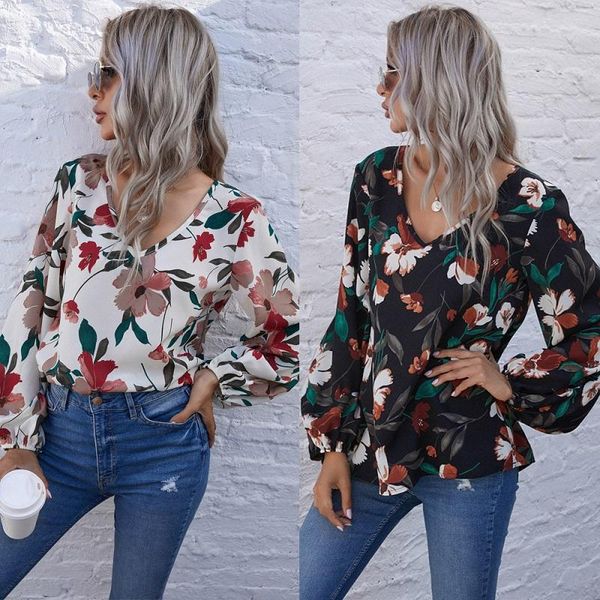 

autumn chiffon vintage women print and blouse v-neck lantern sleeve flower shirt blouse for womens clothes lady, White