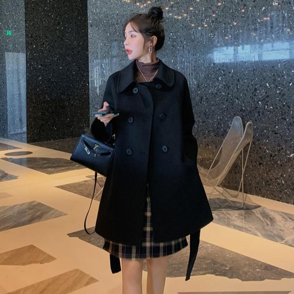 

2020 autumn winter new women coats mid-length double-breasted woolen turn-down collar adjustable waist fashion wool jacket women, Black