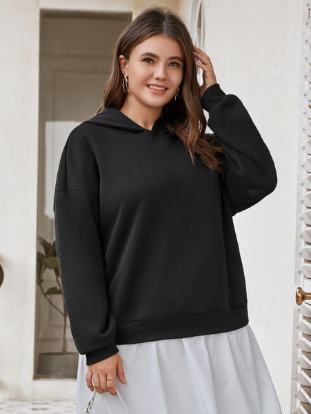 

plus drop shoulder solid hoodie 47bg#, Black