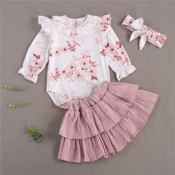

2021 spring summer new born fashion infant baby girl clothes romper solid cupcake skirt headband outfit causal set 3 pieces, White
