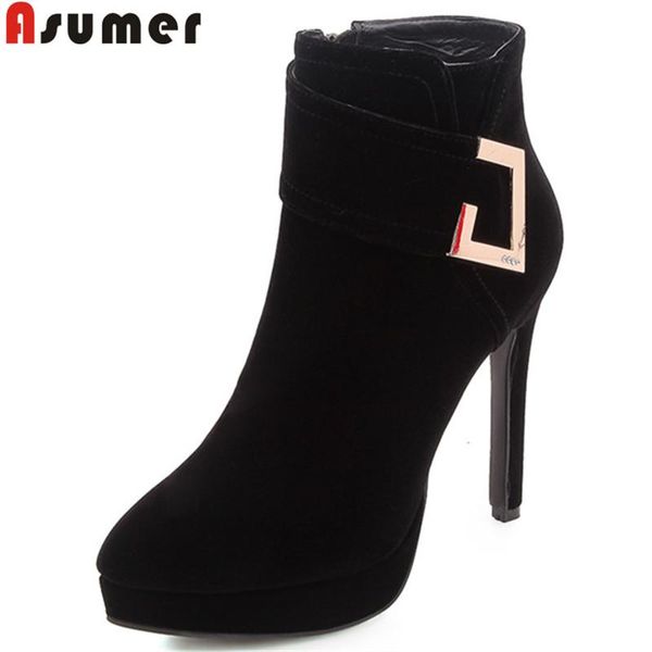 

asumer black red fashion autumn winter boots pointed toe zip flock ankle boots for women thin high heels ladies big size