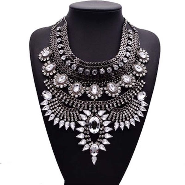 

luxury women crystal full rhinestone beads necklace flower exaggerated bridal pendant necklace wedding jewelry ornaments bh, Silver