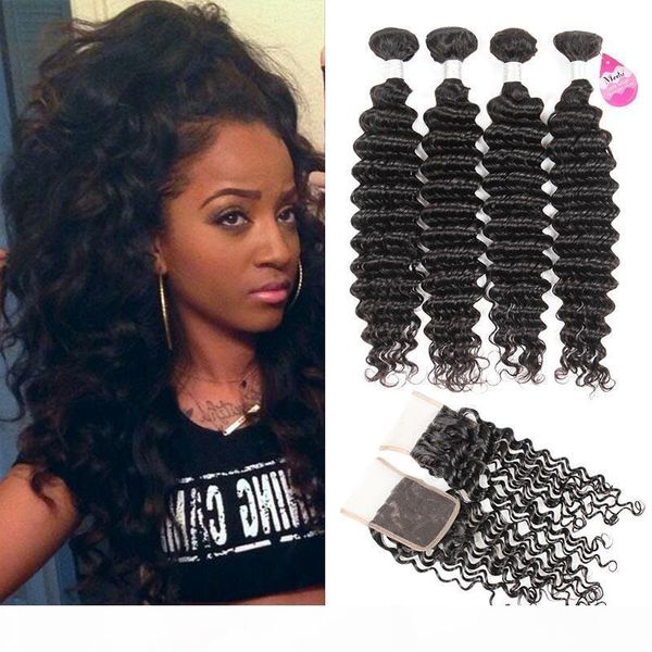 

lace closure with bundles brazilian virgin hair mink loose deep wave bundles with closure middle 3 part human hair weaves, Black
