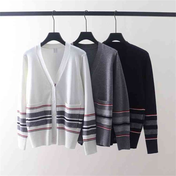 

autumn and winter new tb stripe contrast color knitted cardigan v-neck loose thin, casual versatile, wearing small coat, White