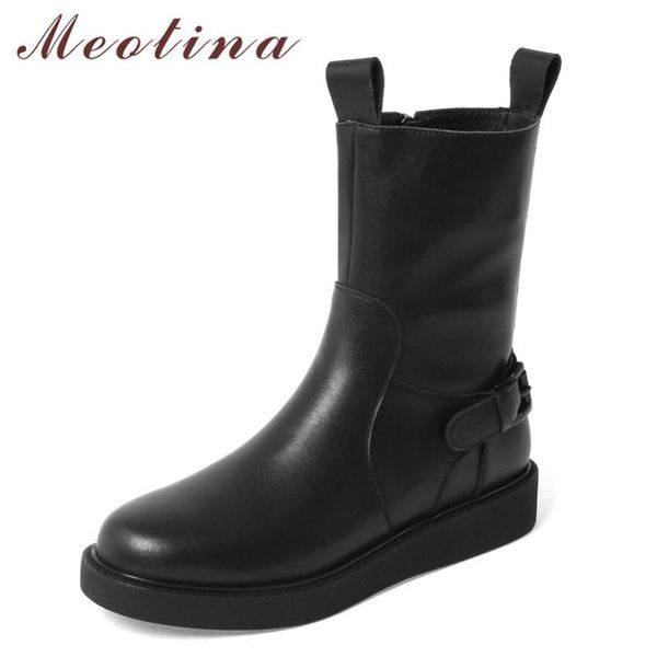

meotina natural genuine leather platform flat mid calf boots women round toe buckle fashion boots shoes zipper ladies 40, Black