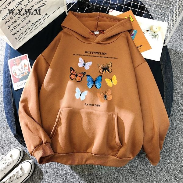 

wywm butterfly print sweatshirt women velvet thicken ladies oversized pullover fleece hoodies for teen girls khaki 201202, Black