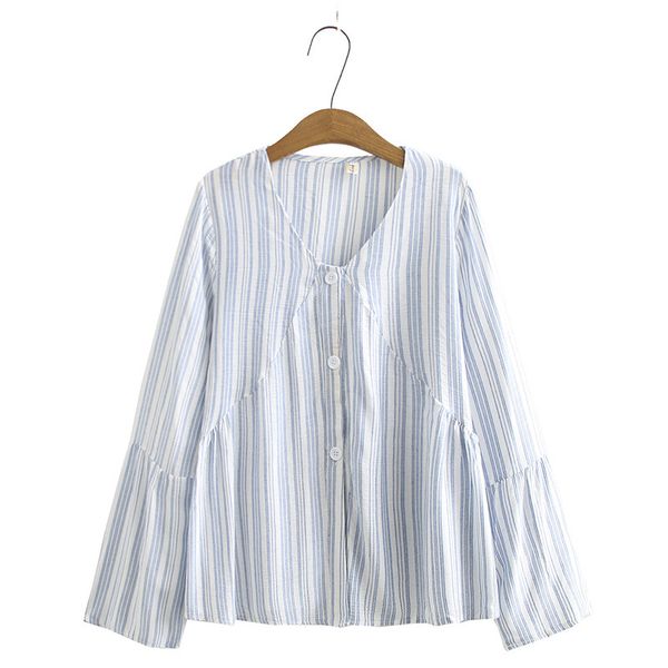 

xl-4xl plus size gray blue europe loose style v neck cotton striped t9nw, White