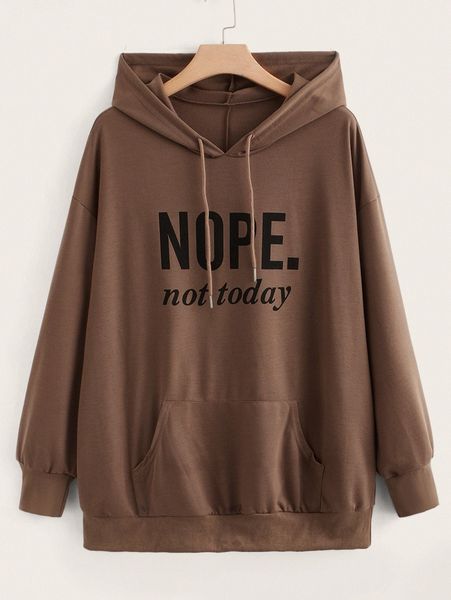 

plus slogan graphic kangaroo pocket drop shoulder drawstring hoodie f1pk#, Black