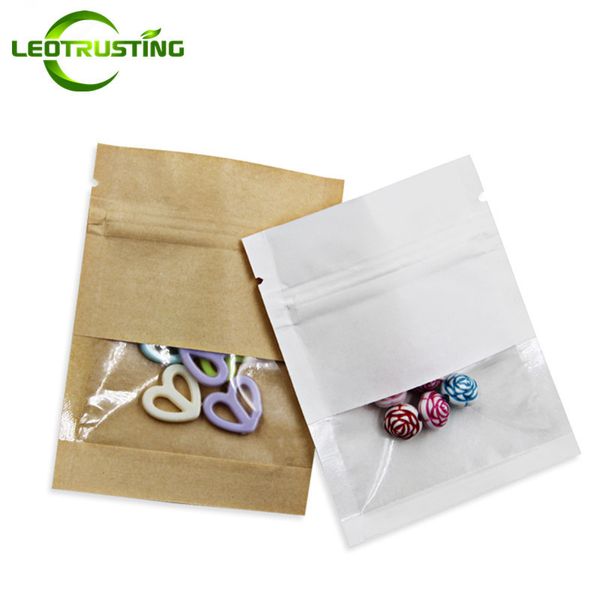 Leotrusting 100 pcs / lote grosso kraft papel saco de janela claro marrom / branco papel lanche presente USB embalagem sacos de janela de plástico saco 201021