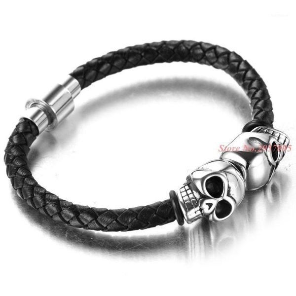 

classic design men stainless steel black leather chain charm bracelets skull bracelets & bangles punk jewelry1