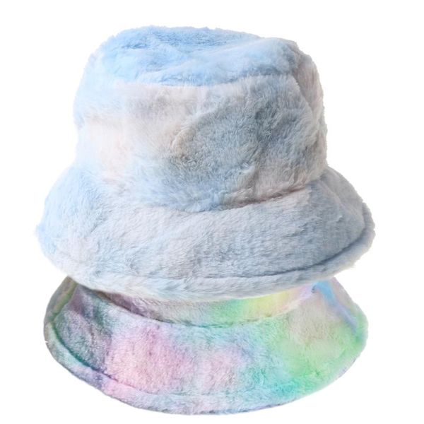 

women winter rainbow colorful tie dye bucket hat fluffy fuzzy plush short brim sunscreen thick warm panama fisherman cap, Blue;gray