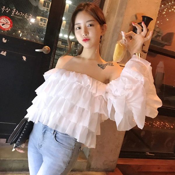 

2021 new and korean summer retro sweet trumpet chiffon shirt off the shoulder sleeve 5w34, White