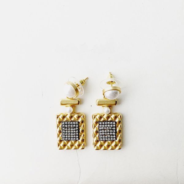 

christmas present c2274 brass 925 silver needle earring simple square tag cubic zirconia golden eardrop elegant female fashion accessories, Golden;silver